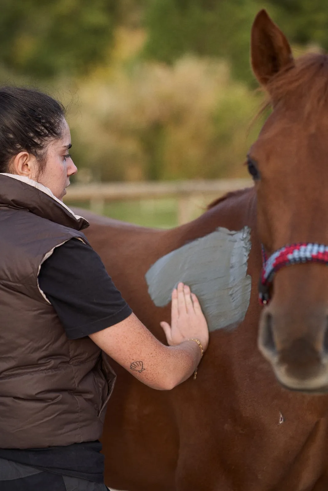 Émilie appliquant un enveloppement aux algues marines Kelpy Thalasso sur l'encolure d'un cheval en Gironde